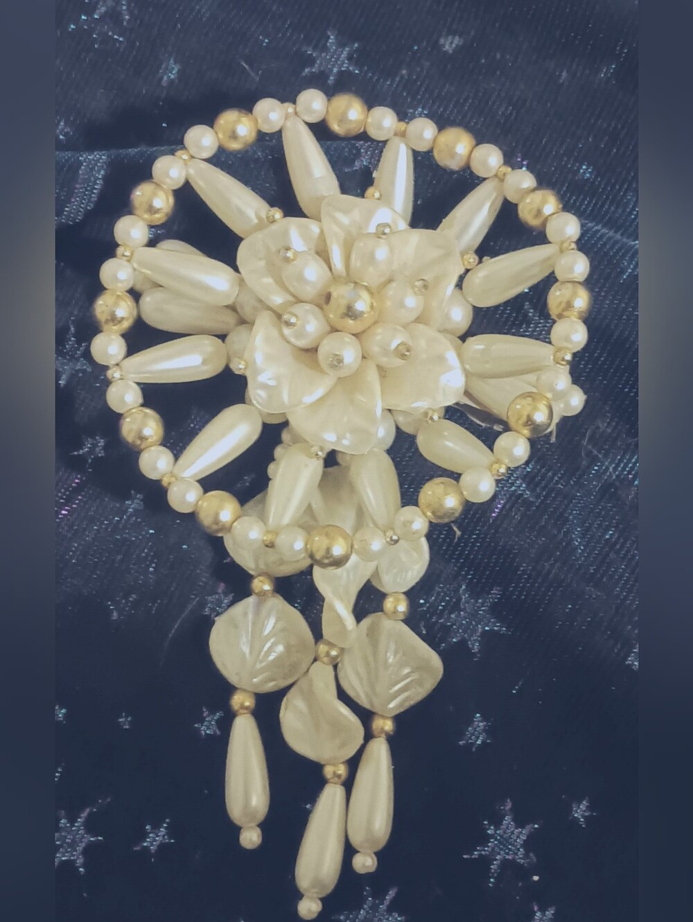 Waterfall Hair Barrette Clip faux pearls and gold-colored beads EUC Vintage